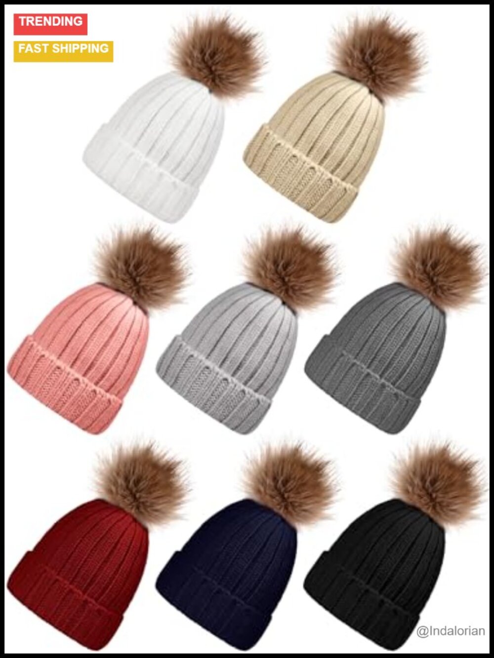Set of 8 Knitted Beanie Hats with Pom Pom Acrylic Winter Hats